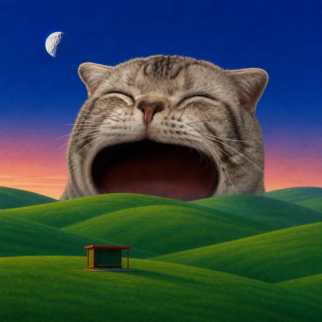 Painting: a bus shelter on the hills at dawn behind the yawn